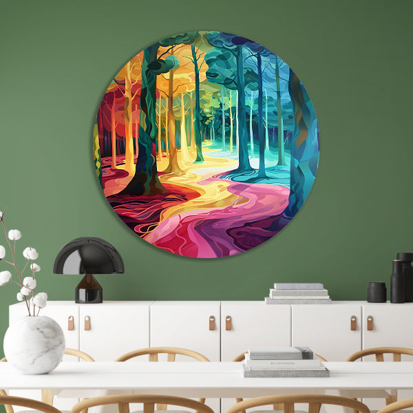 Kleurrijk en surrealistisch boslandschap schilderij aluminium muurcirkel
