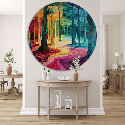 Kleurrijk en surrealistisch boslandschap schilderij aluminium muurcirkel