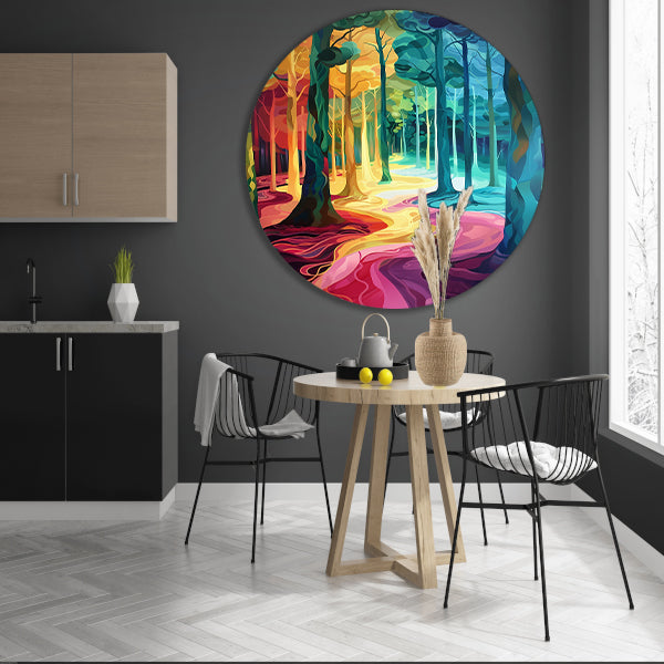 Kleurrijk en surrealistisch boslandschap schilderij aluminium muurcirkel