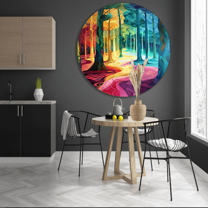 Kleurrijk en surrealistisch boslandschap schilderij aluminium muurcirkel