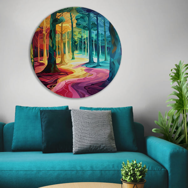 Kleurrijk en surrealistisch boslandschap schilderij aluminium muurcirkel