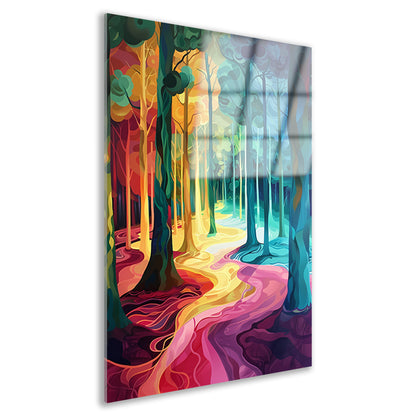 Kleurrijk en surrealistisch boslandschap schilderij acrylglas