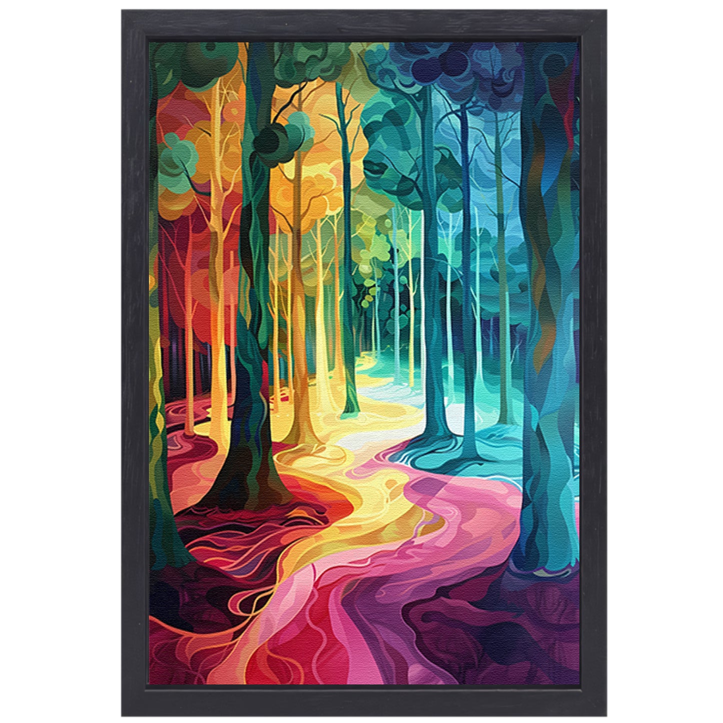 Kleurrijk en surrealistisch boslandschap schilderij canvas met baklijst