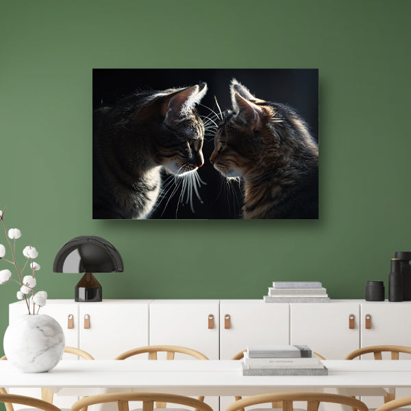 Twee katten in donkere omgeving kijken elkaar aan canvas