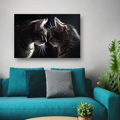 Twee katten in donkere omgeving kijken elkaar aan canvas