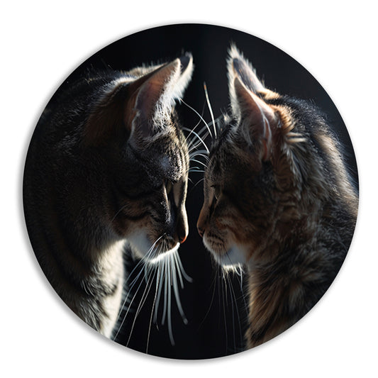 Twee katten in donkere omgeving kijken elkaar aan aluminium muurcirkel