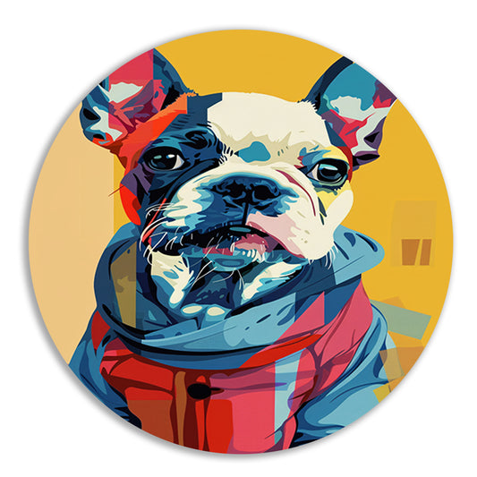 Popart Franse Bulldog in Kleurrijk Jas aluminium muurcirkel