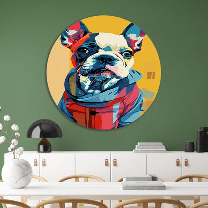 Popart Franse Bulldog in Kleurrijk Jas aluminium muurcirkel