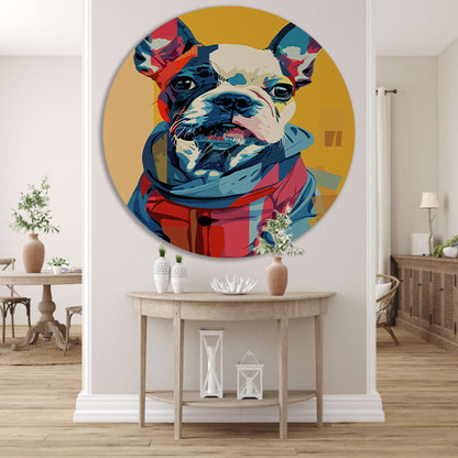 Popart Franse Bulldog in Kleurrijk Jas aluminium muurcirkel