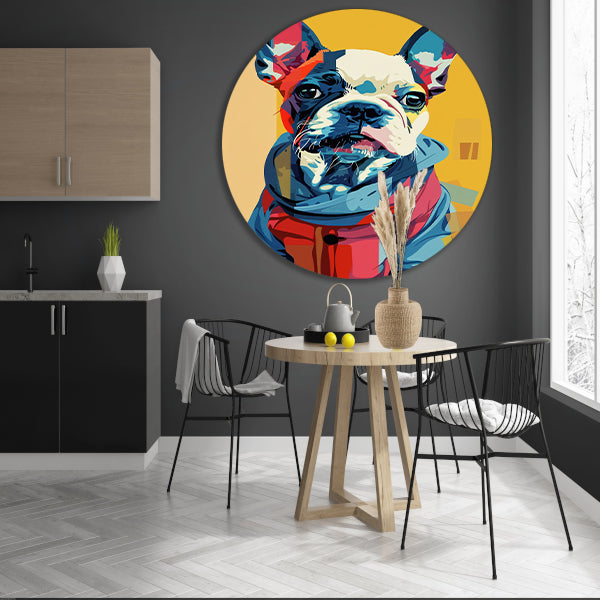Popart Franse Bulldog in Kleurrijk Jas aluminium muurcirkel