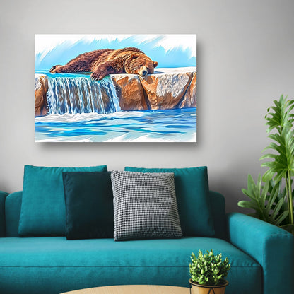 Beer rustend op waterval in natuur acrylglas