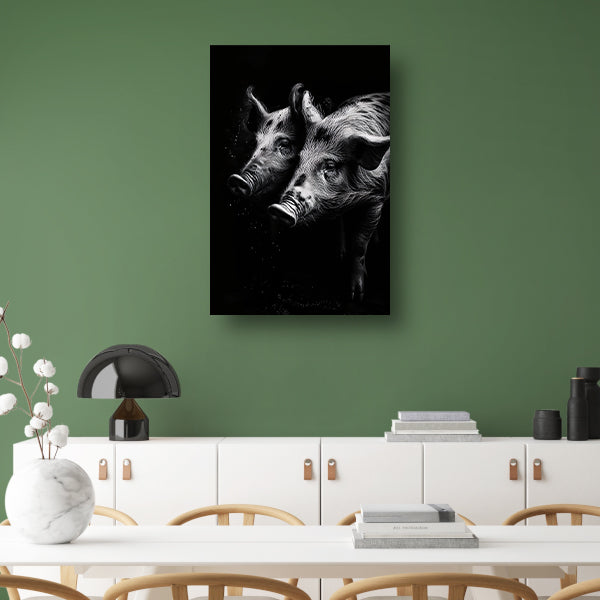 Intense blikken van zwart-wit varkens canvas met baklijst
