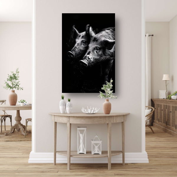 Intense blikken van zwart-wit varkens canvas met baklijst