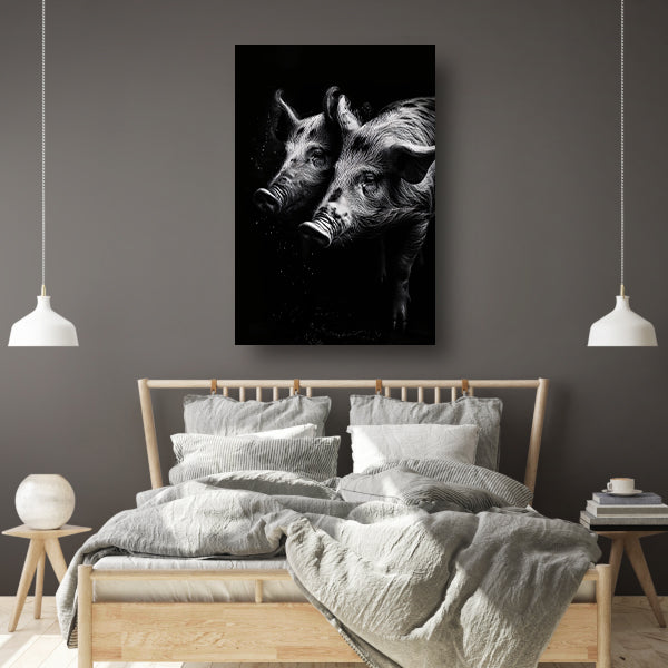 Intense blikken van zwart-wit varkens canvas met baklijst