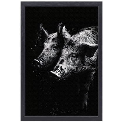 Intense blikken van zwart-wit varkens canvas met baklijst