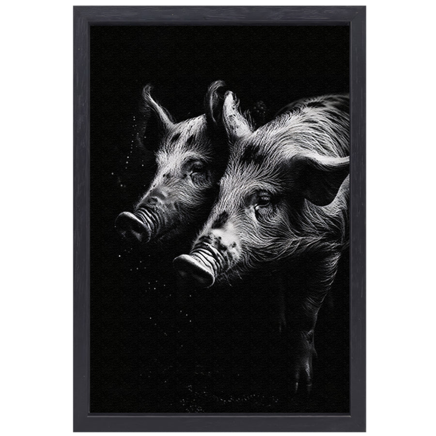 Intense blikken van zwart-wit varkens canvas met baklijst
