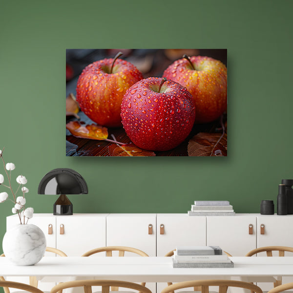 Drie Kleurrijke Appels met Dauwdruppels canvas