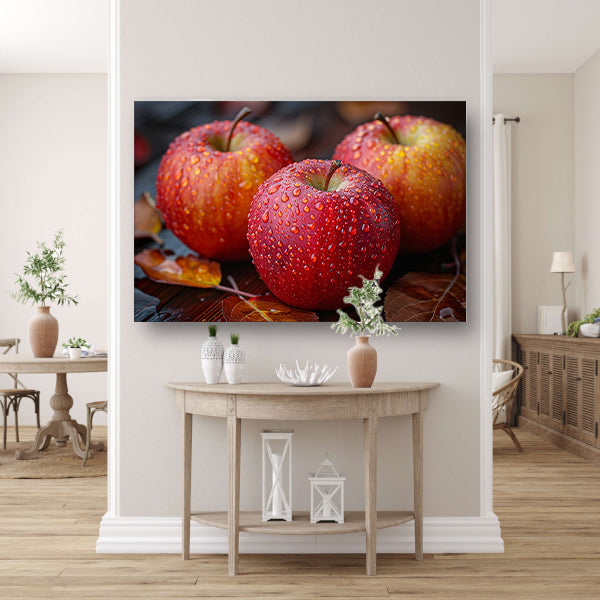 Drie Kleurrijke Appels met Dauwdruppels poster