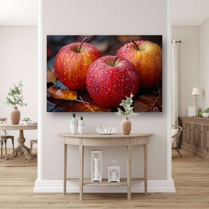 Drie Kleurrijke Appels met Dauwdruppels poster
