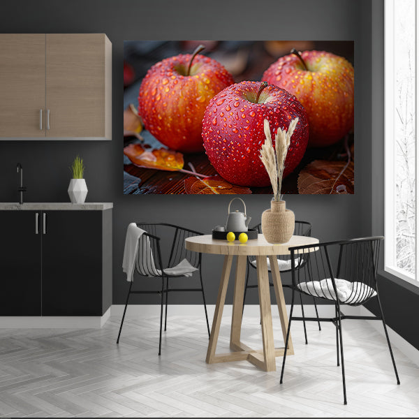 Drie Kleurrijke Appels met Dauwdruppels canvas