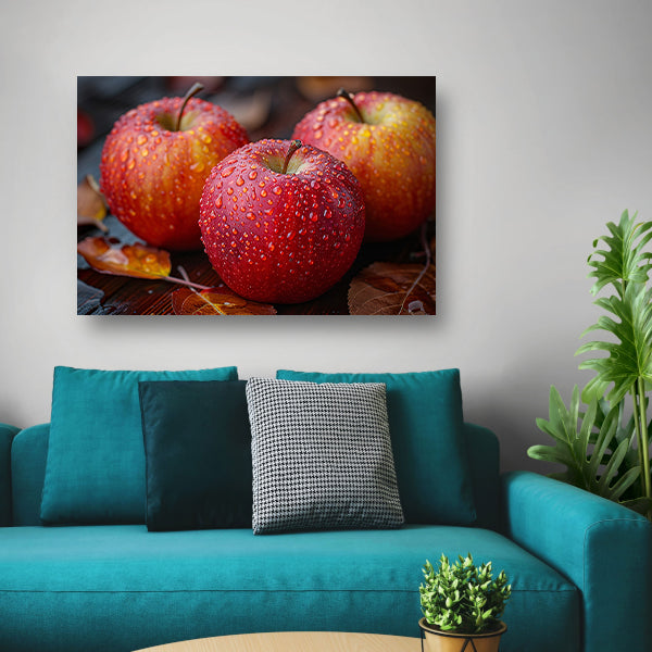 Drie Kleurrijke Appels met Dauwdruppels poster