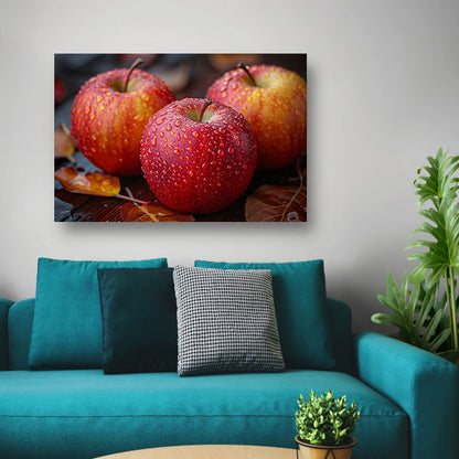 Drie Kleurrijke Appels met Dauwdruppels poster
