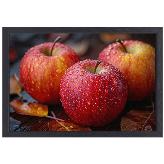 Drie Kleurrijke Appels met Dauwdruppels canvas met baklijst