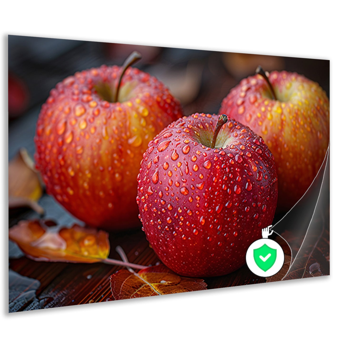 Drie Kleurrijke Appels met Dauwdruppels poster