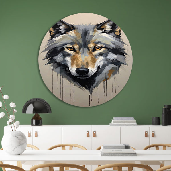 Abstracte Wolf in Kleurrijke Penseelstreken aluminium muurcirkel