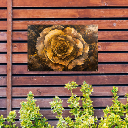 Gouden en Zwarte Abstracte Roos op Schilderij tuinposter