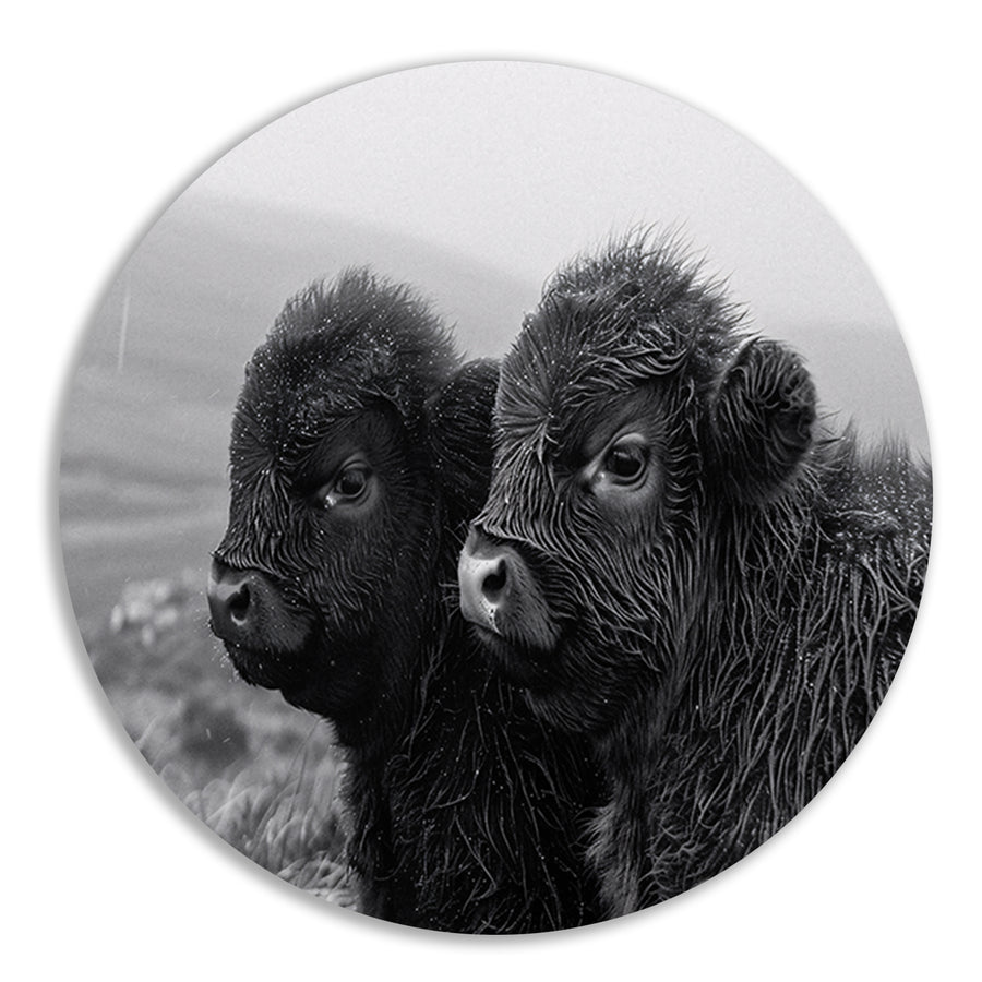 Twee kalveren in monochrome mistige ochtend forex muurcirkel