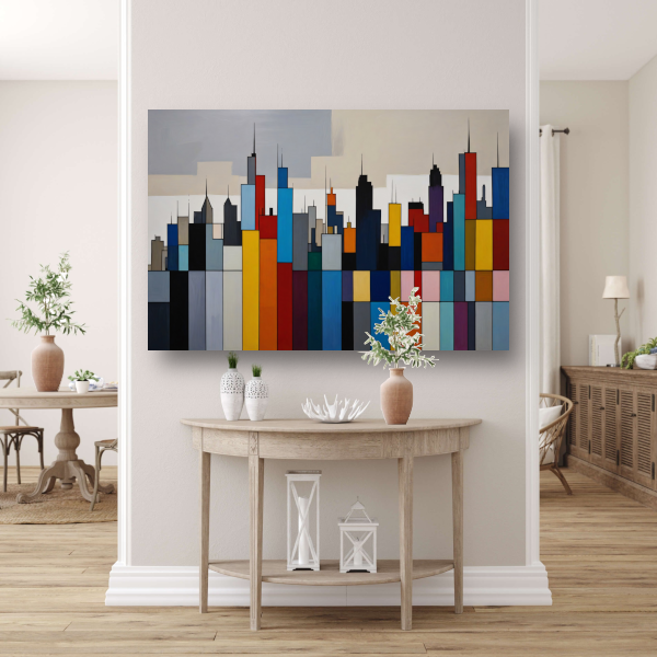 Abstracte kleurrijke stadsgezicht skyline poster