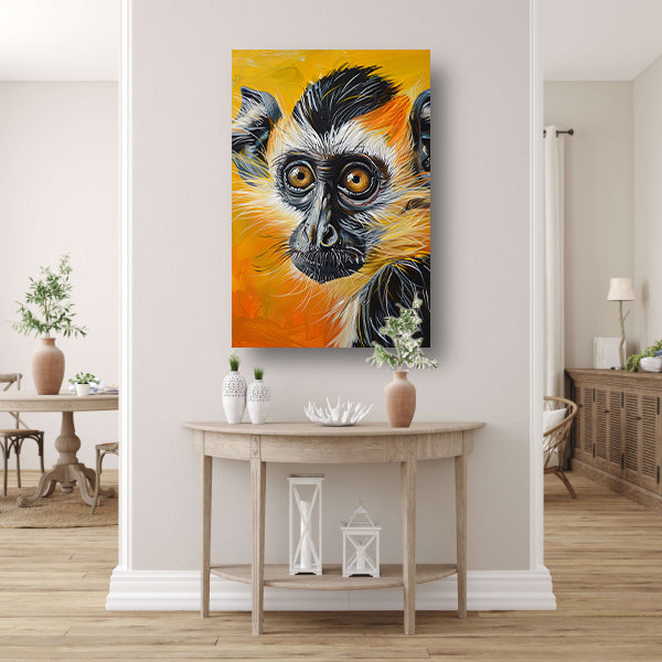 Realistisch schilderij van een kleurrijke aap canvas met baklijst