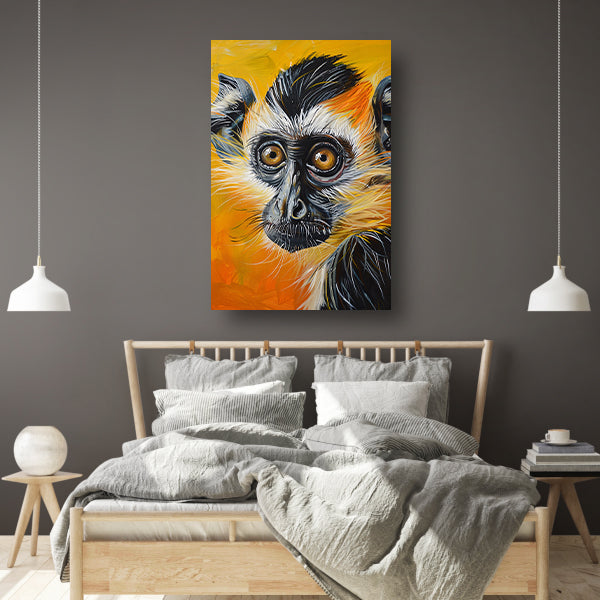 Realistisch schilderij van een kleurrijke aap canvas met baklijst