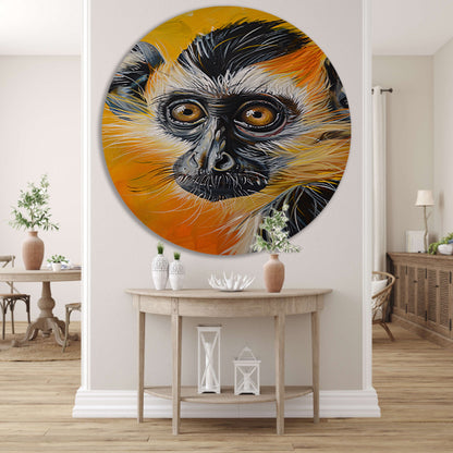 Realistisch schilderij van een kleurrijke aap aluminium muurcirkel