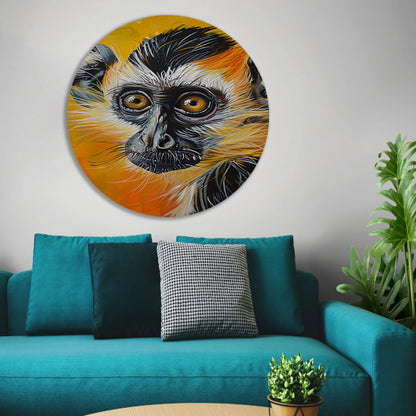 Realistisch schilderij van een kleurrijke aap aluminium muurcirkel