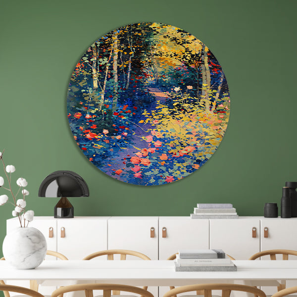 Kleurrijk schilderij van een bloemenrijk bos forex muurcirkel