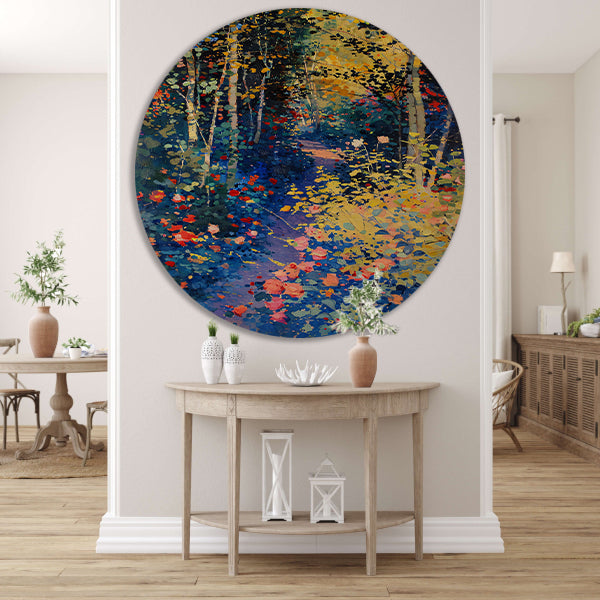 Kleurrijk schilderij van een bloemenrijk bos forex muurcirkel