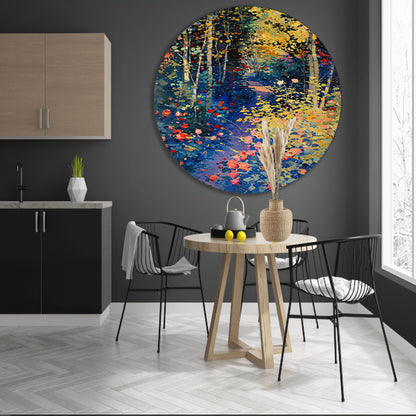 Kleurrijk schilderij van een bloemenrijk bos aluminium muurcirkel