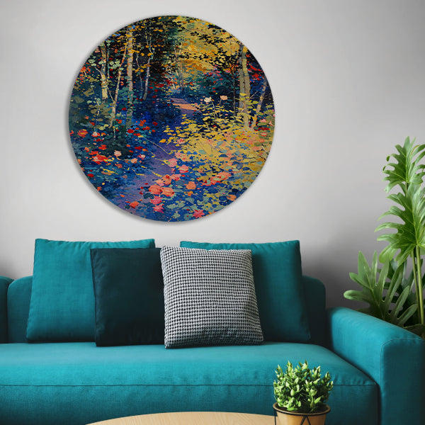 Kleurrijk schilderij van een bloemenrijk bos forex muurcirkel