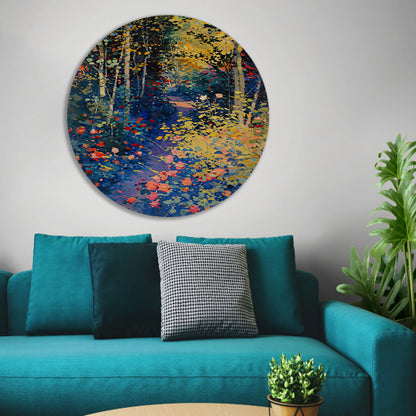 Kleurrijk schilderij van een bloemenrijk bos forex muurcirkel