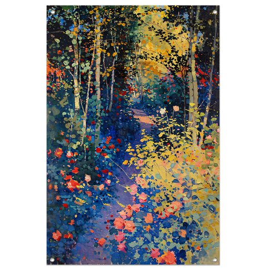 Kleurrijk schilderij van een bloemenrijk bos tuinposter