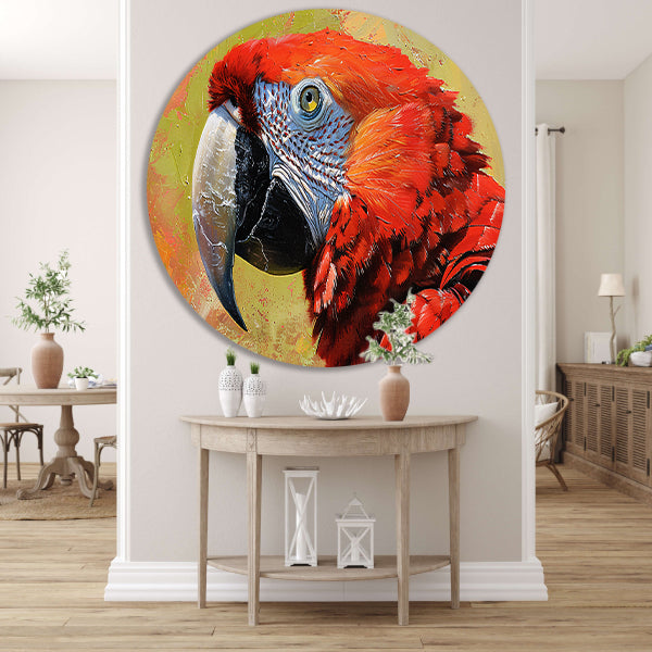 Kleurrijk schilderij van een levendige papegaai aluminium muurcirkel