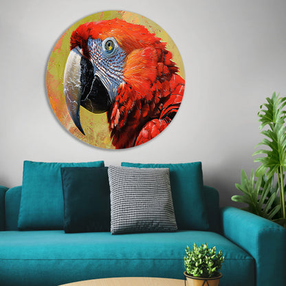 Kleurrijk schilderij van een levendige papegaai aluminium muurcirkel