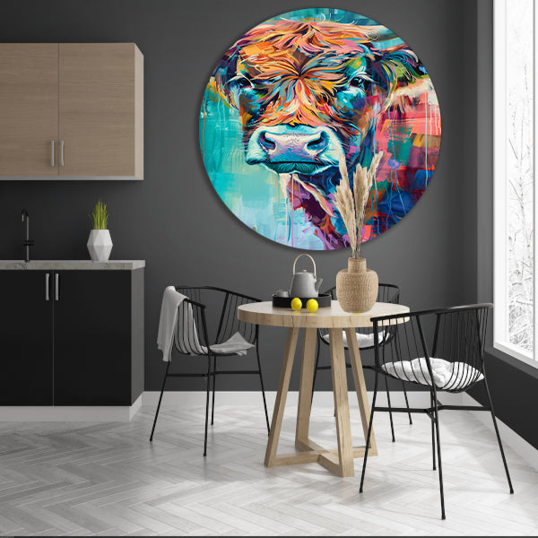 Abstracte Kleurrijke Hooglander met Dynamische Kleuren aluminium muurcirkel