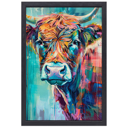 Abstracte Kleurrijke Hooglander met Dynamische Kleuren canvas met baklijst