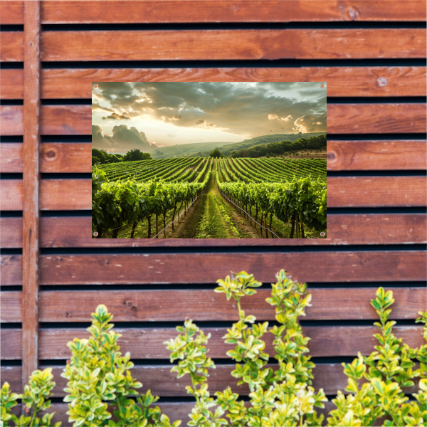 Zonsondergang in de Lush Wijngaard Heuvels tuinposter