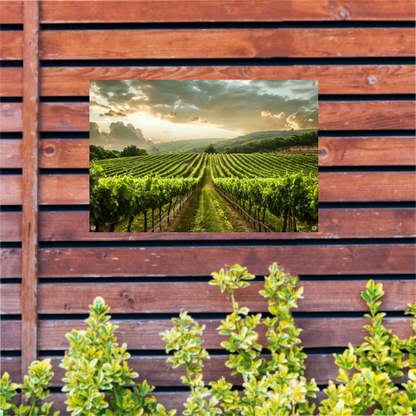 Zonsondergang in de Lush Wijngaard Heuvels tuinposter