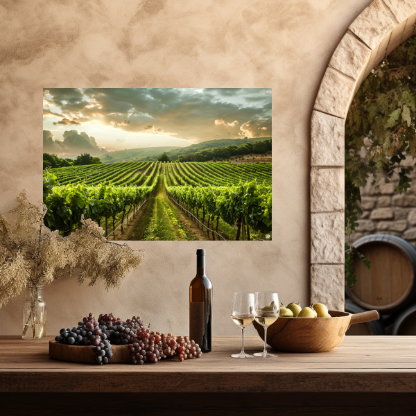Zonsondergang in de Lush Wijngaard Heuvels tuinposter