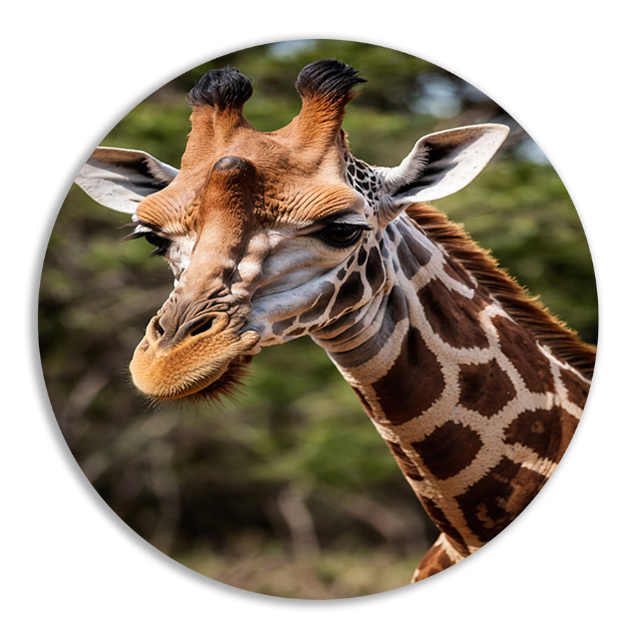 Gedetailleerde close-up van een wilde giraffe aluminium muurcirkel